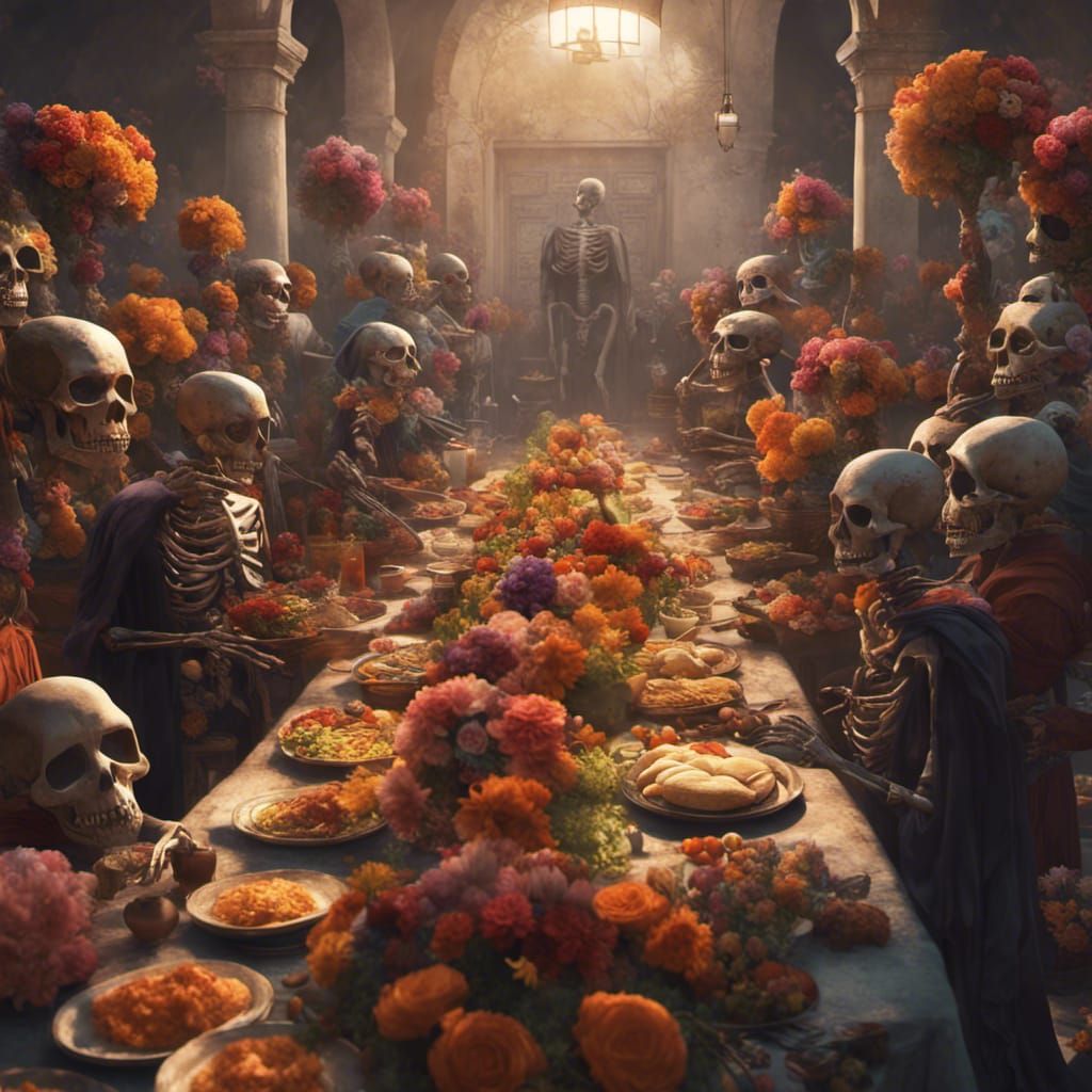 Day of the Dead Celebration with Food and Flowers