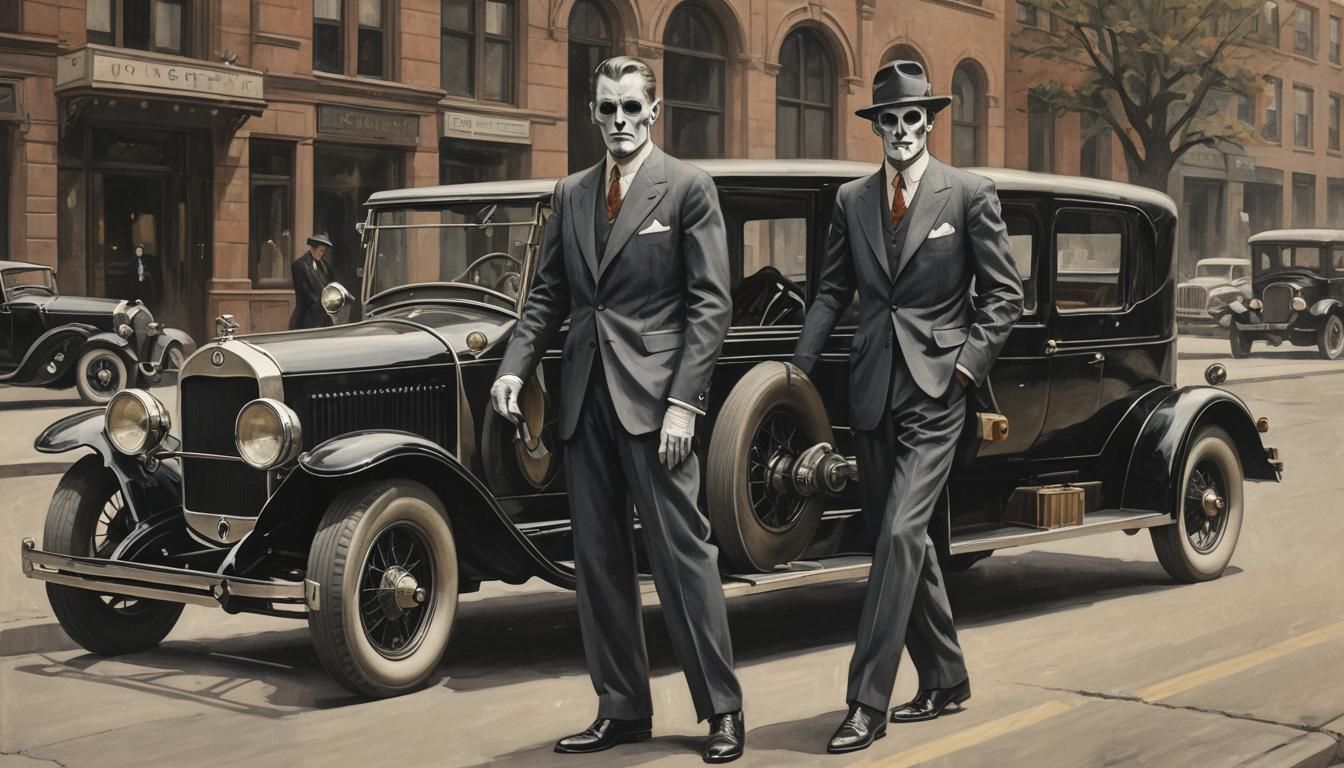 Art Deco Ghostly Man with Model-T Car