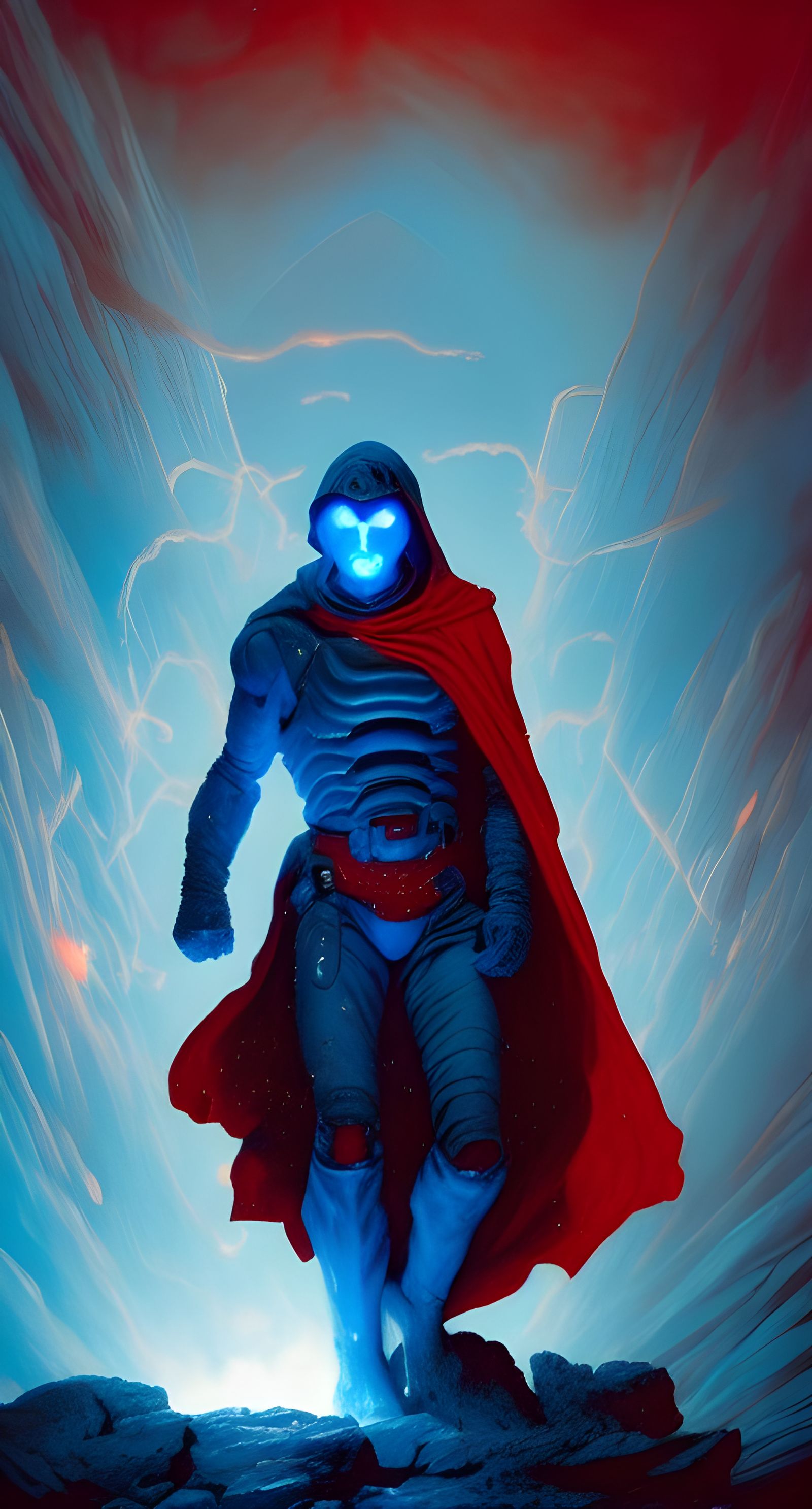Red Cloak Figure and Blue Portal, Hyperdetailed Art
