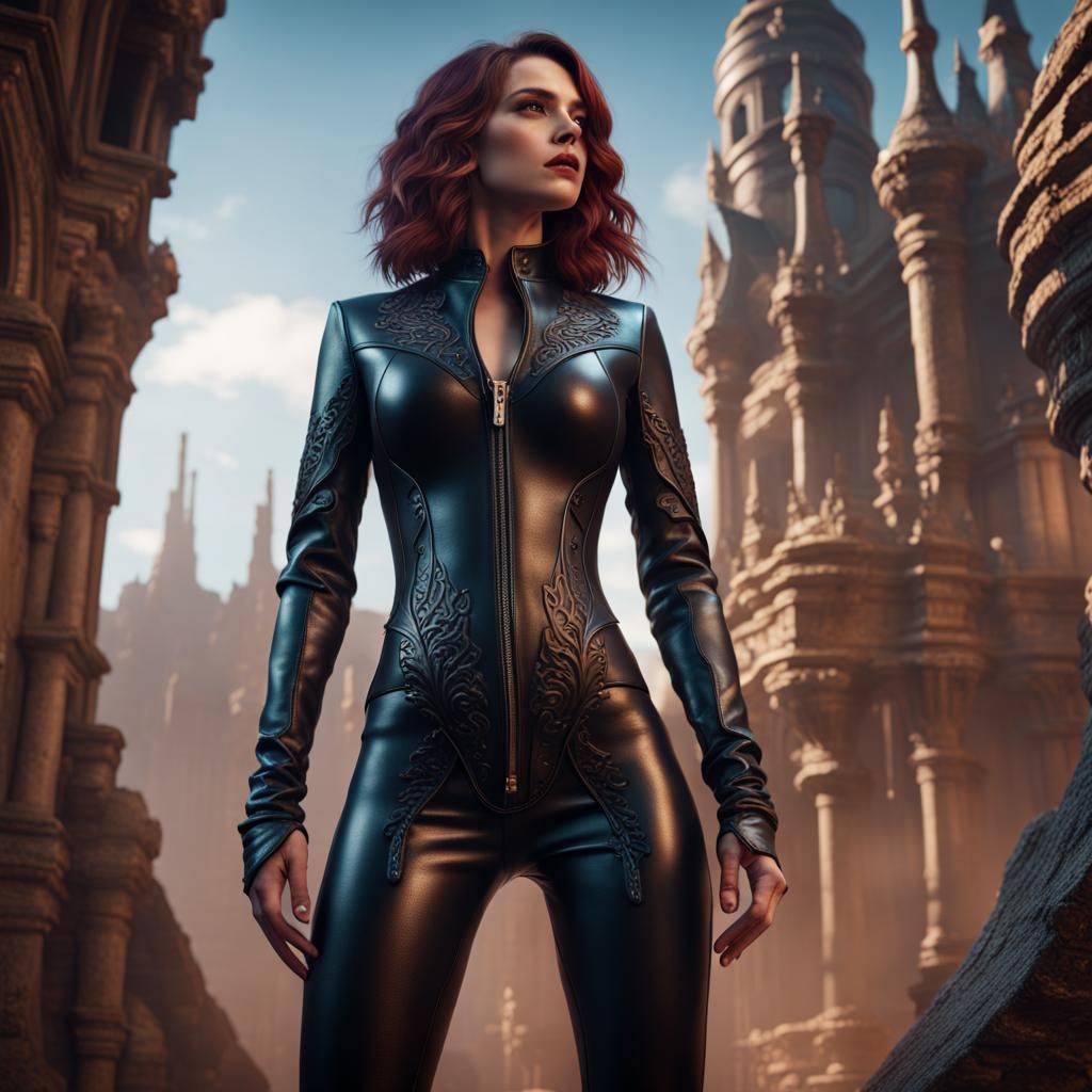Woman in Leather Catsuit: Detailed Matte Painting