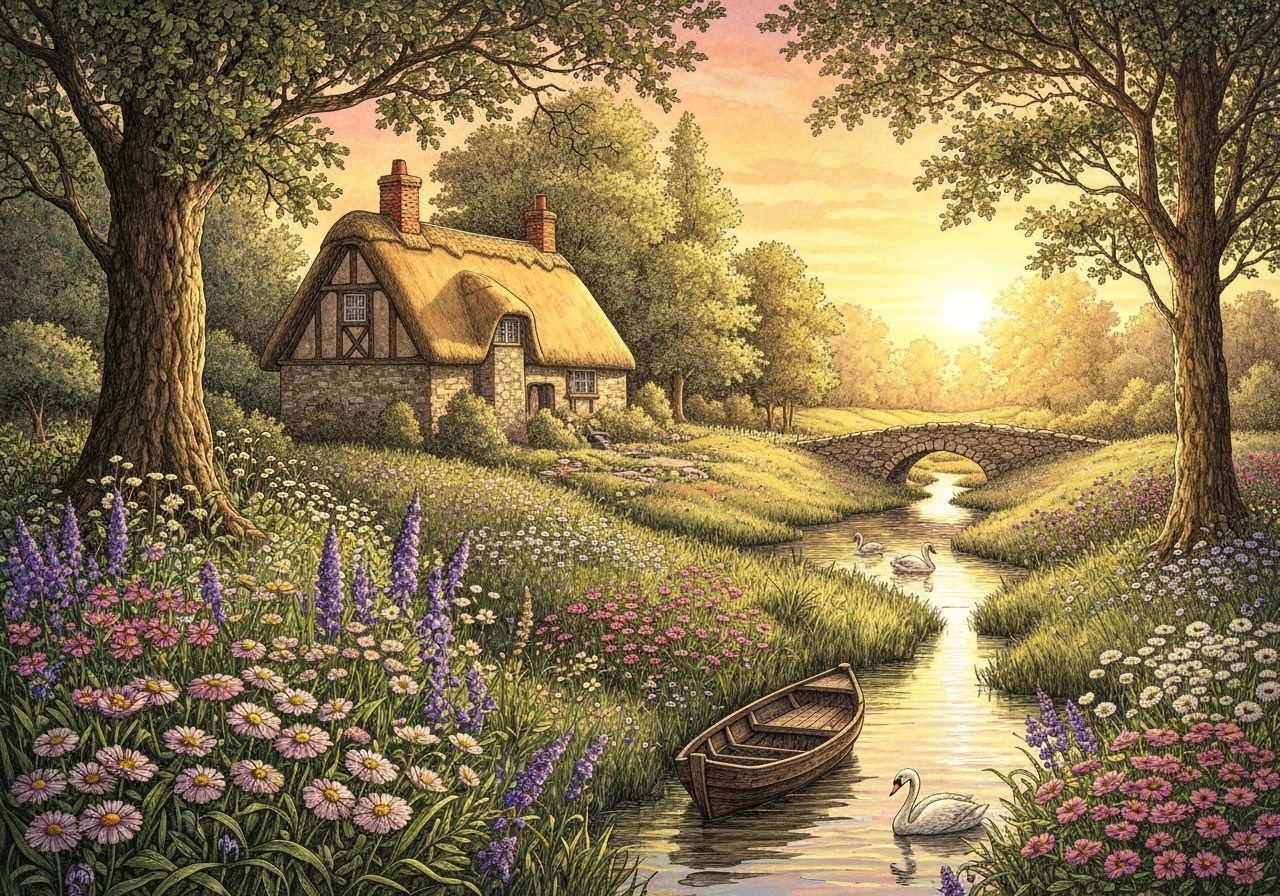 Woodland Garden with Cottage in Watercolor and Ink