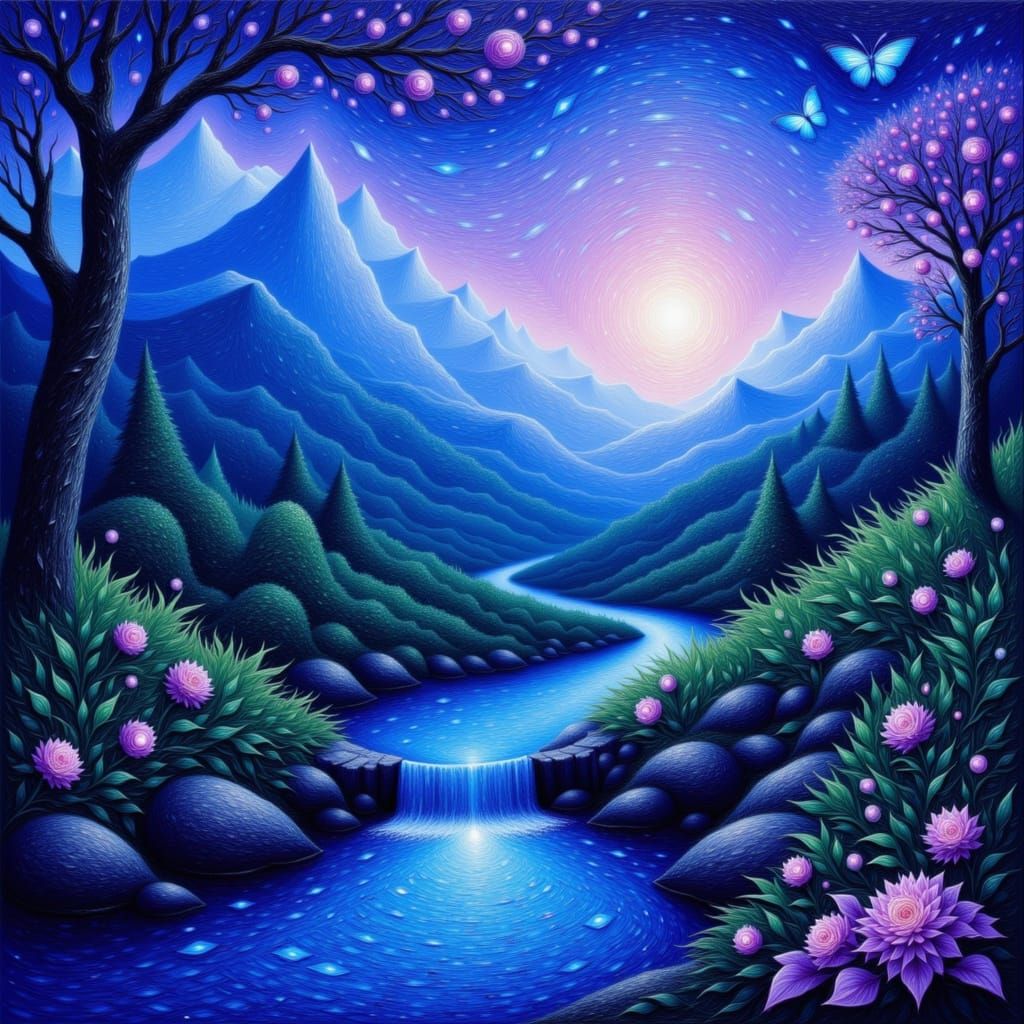 Secret Garden with Waterfall in Anime Realism