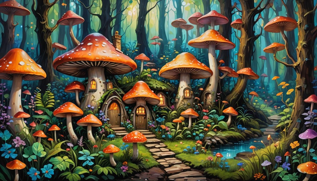 Enchanted Bioluminescent Forest: Impasto Acrylic Painting