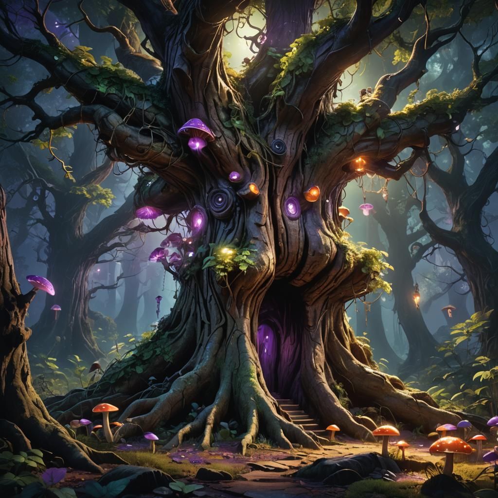 Mystical Forest: Ancient Tree Trunk with Glowing Roots