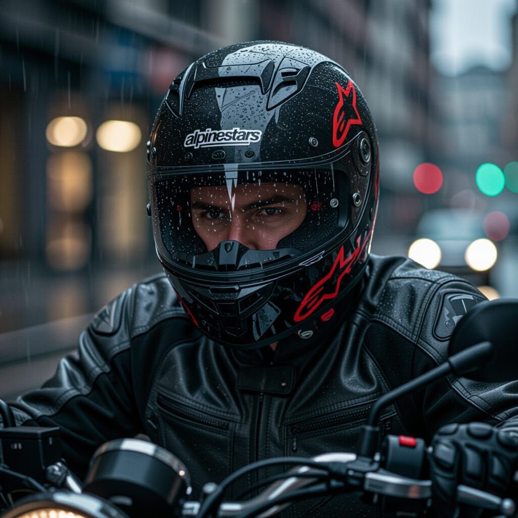 Motorcyclist in Rain with Weathered Helmet, Cinematic Lighti...