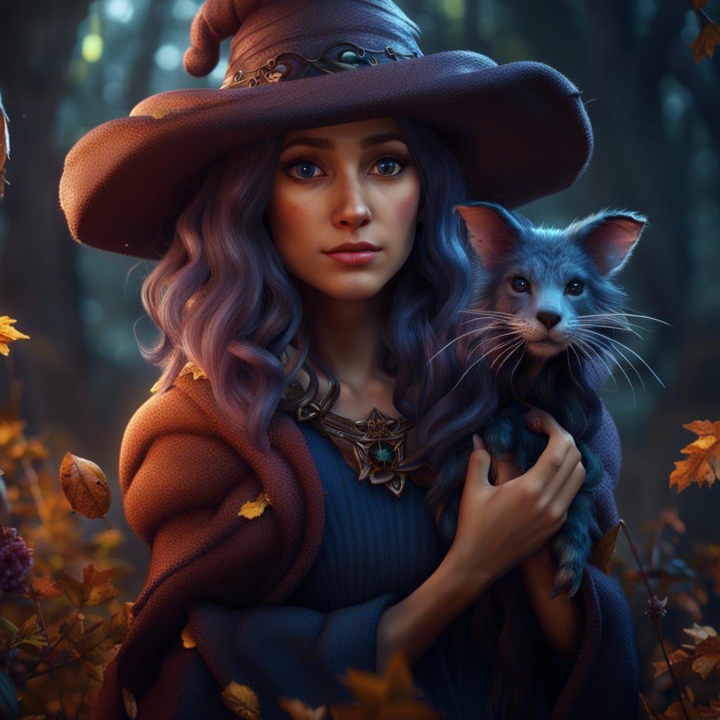 Kind Witch with Animal Companion, Detailed Digital Art