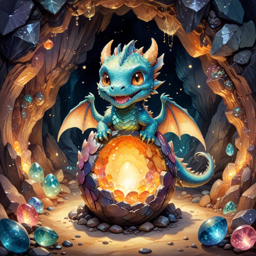 Cute Chibi Dragon Emerges From Egg in Treasure Cave