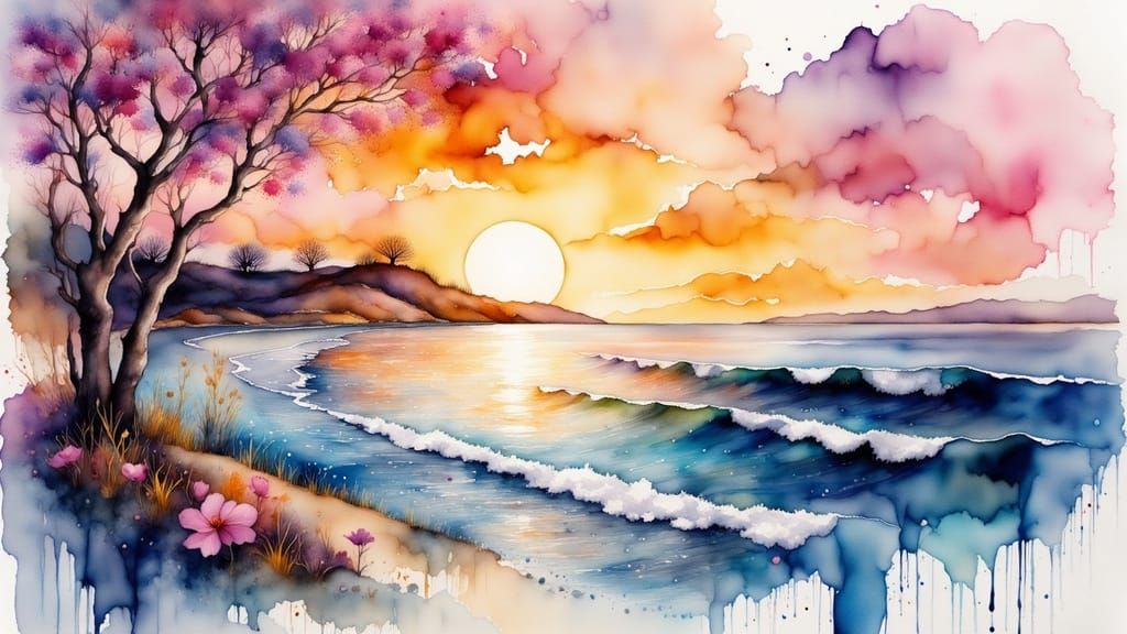 Beautiful Sunset Over Ocean in Watercolor and Ink
