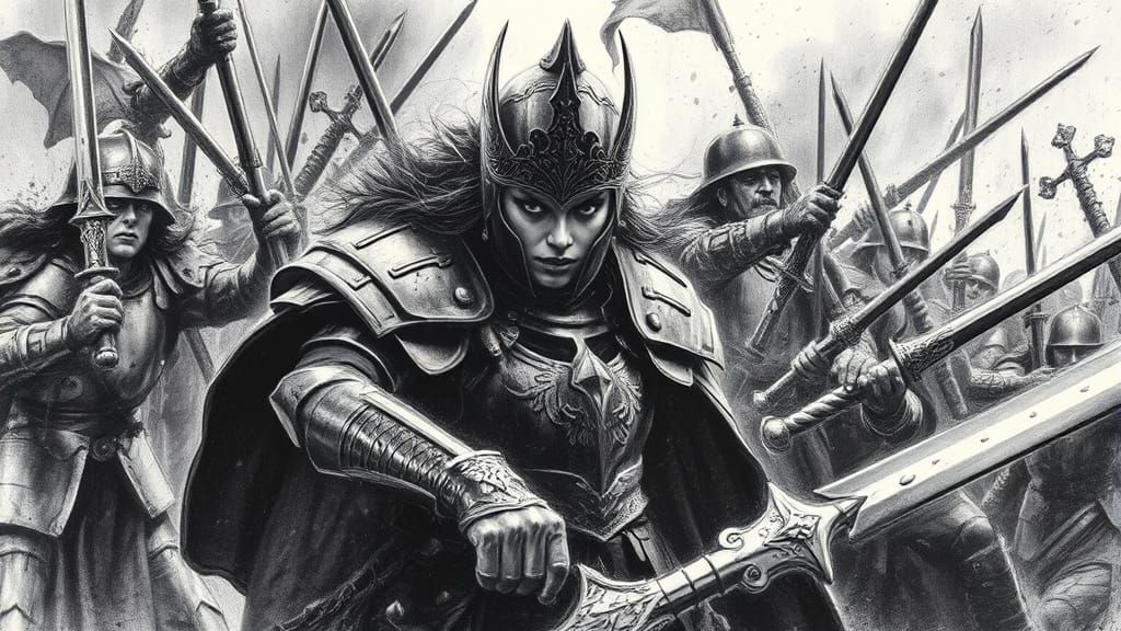 Fierce Warrior in Ornate Armor Amidst Battle Charcoal Drawin...