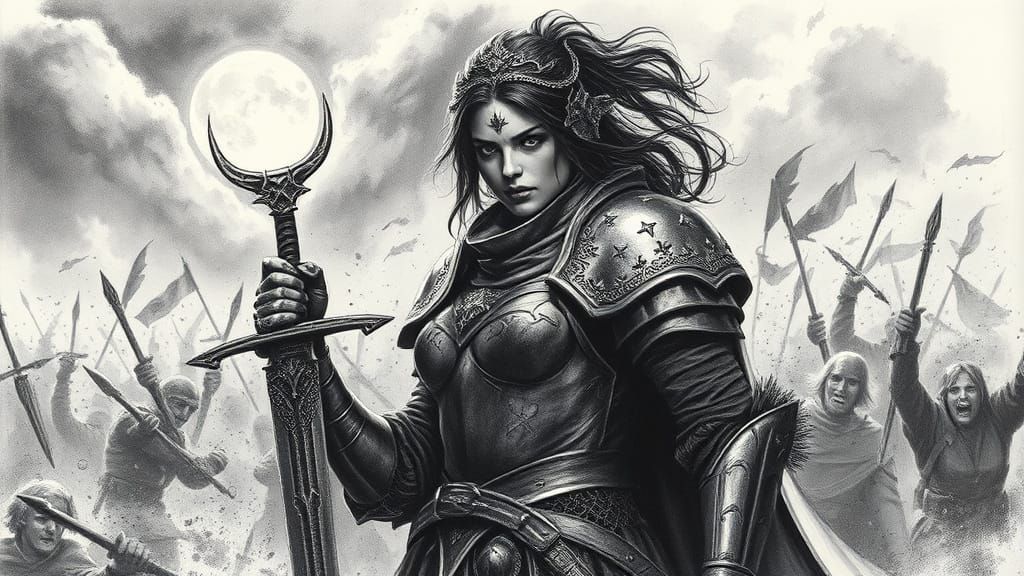 Fierce Warrior Goddess in Charcoal Drawing Style