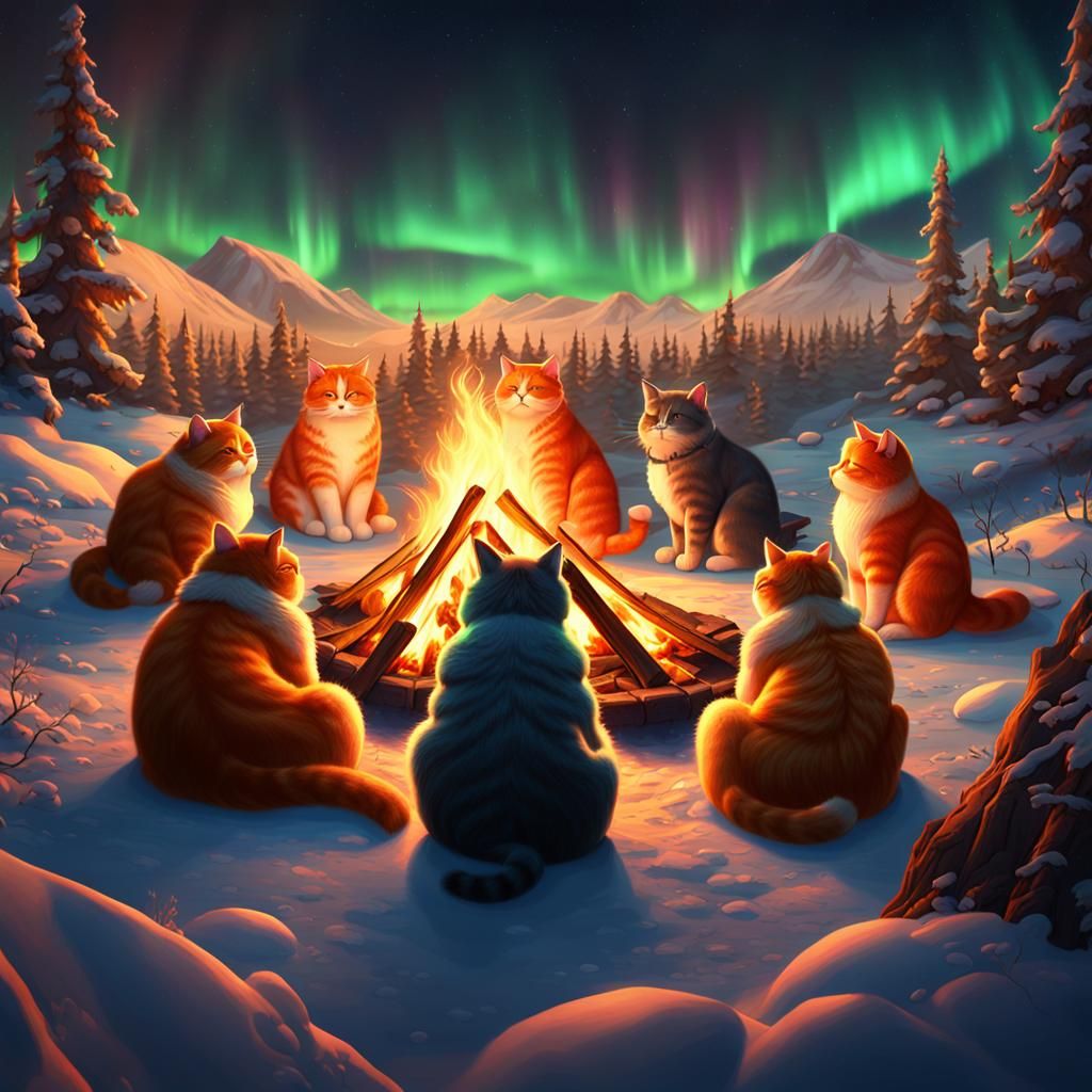 Orange Cats Campfire Under Northern Lights: Digital Painting