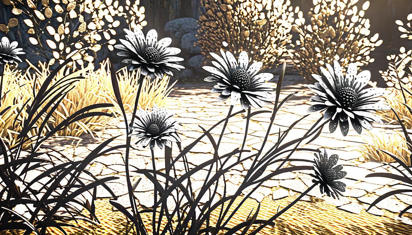 Metal Flowers in Lush Environment: 3D Game Graphics