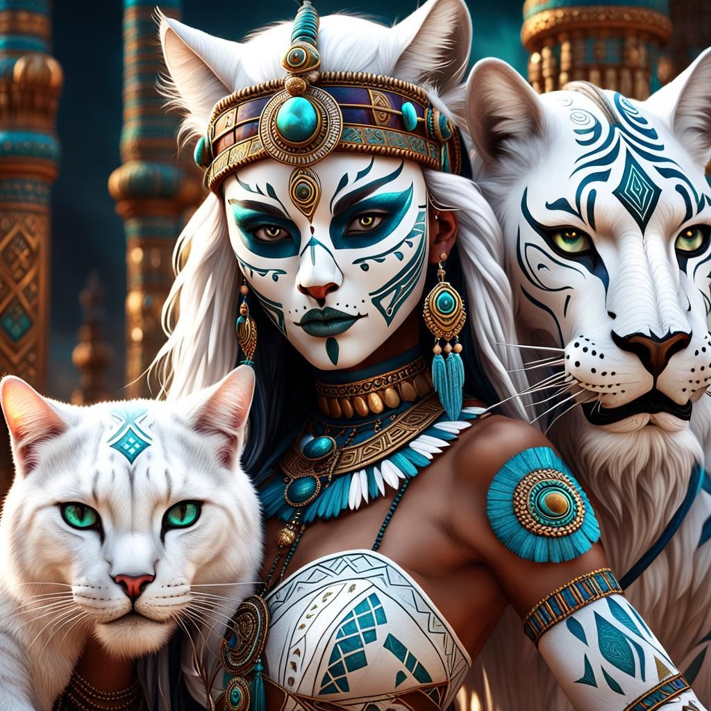 Tribal Shaman Dancer with White Cat and Lions