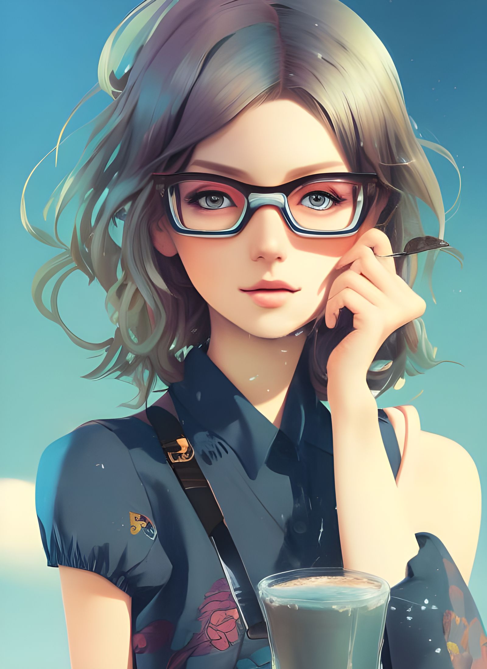 Cute Girl with Glasses in Cafe, Digital Illustration