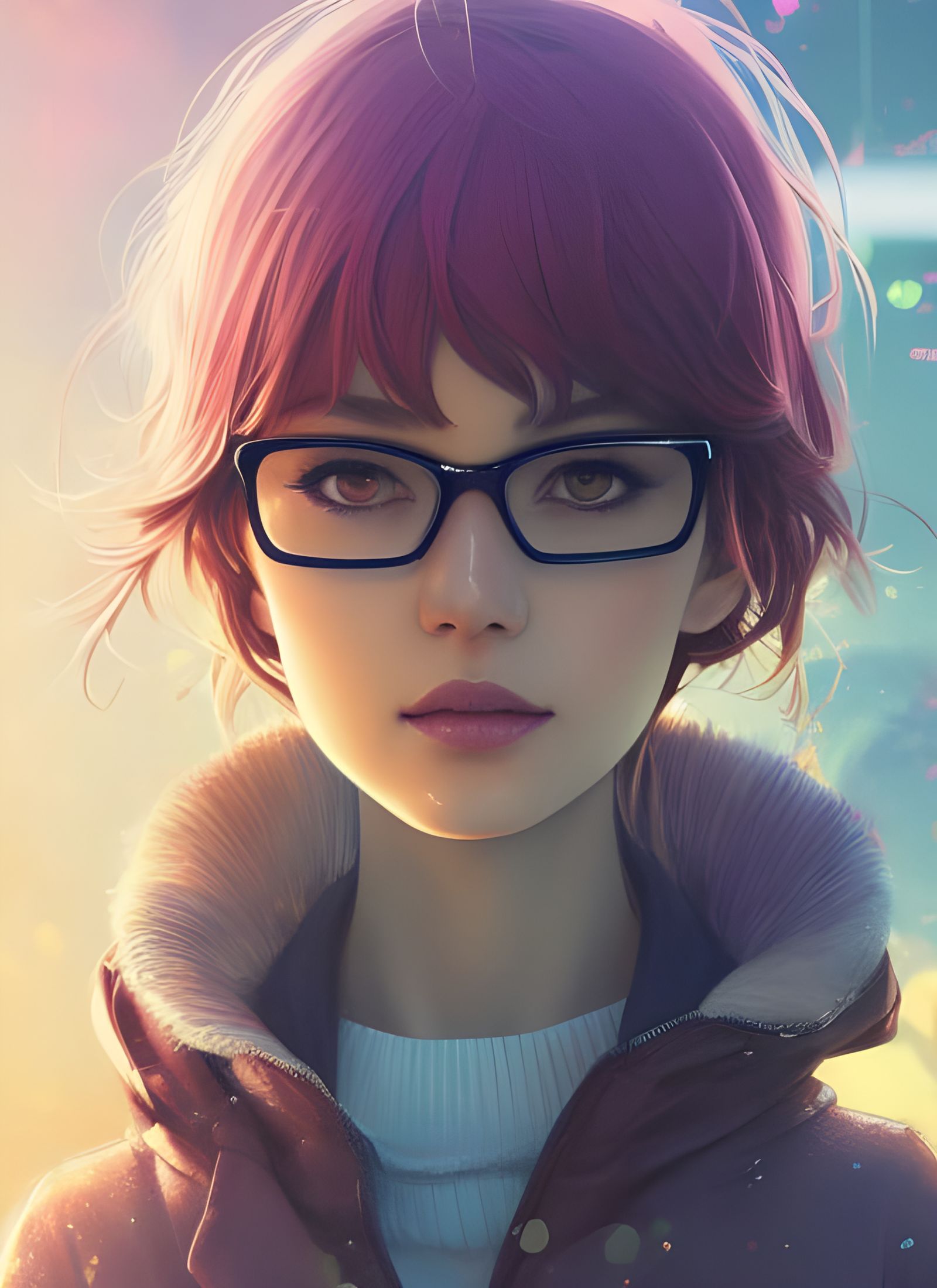 Cute Girl with Glasses in Cafe, Digital Illustration