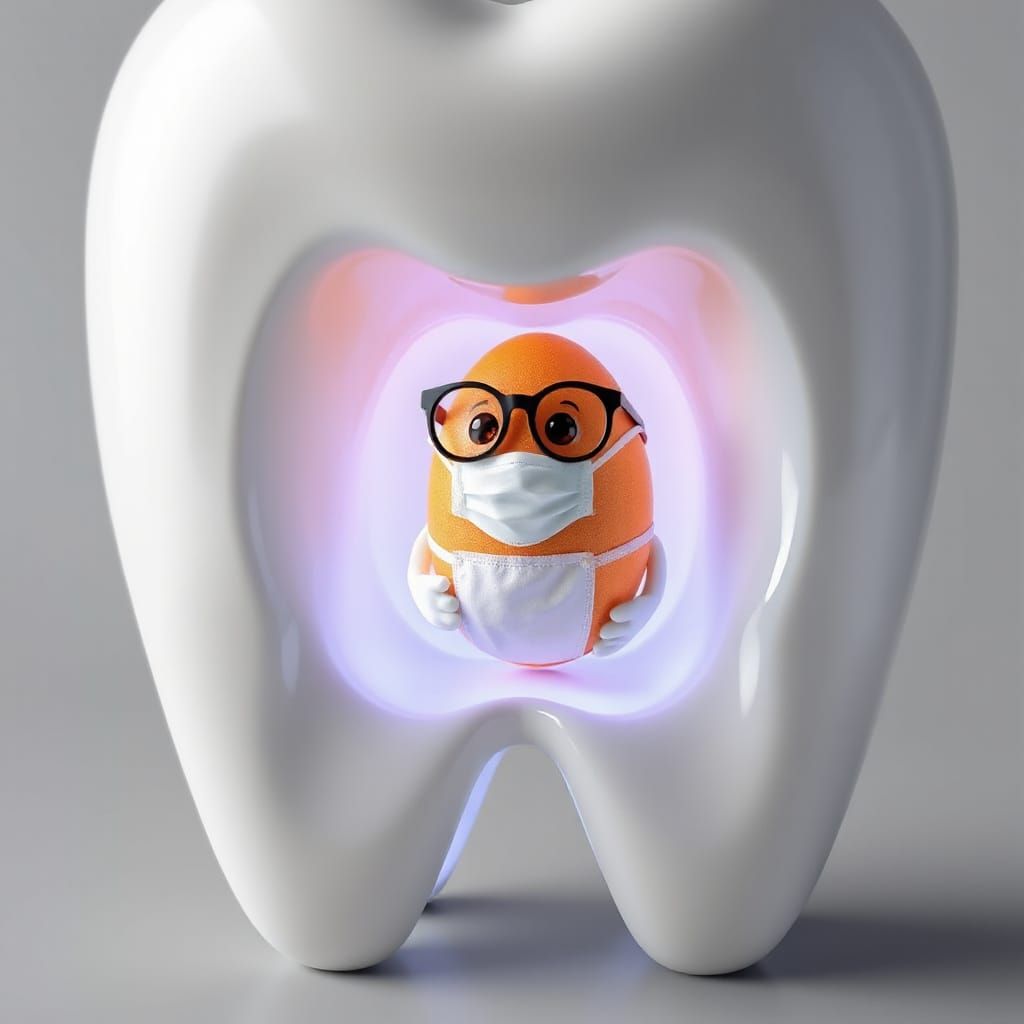 Surreal Tooth Scene with Quirky Egg Dentist