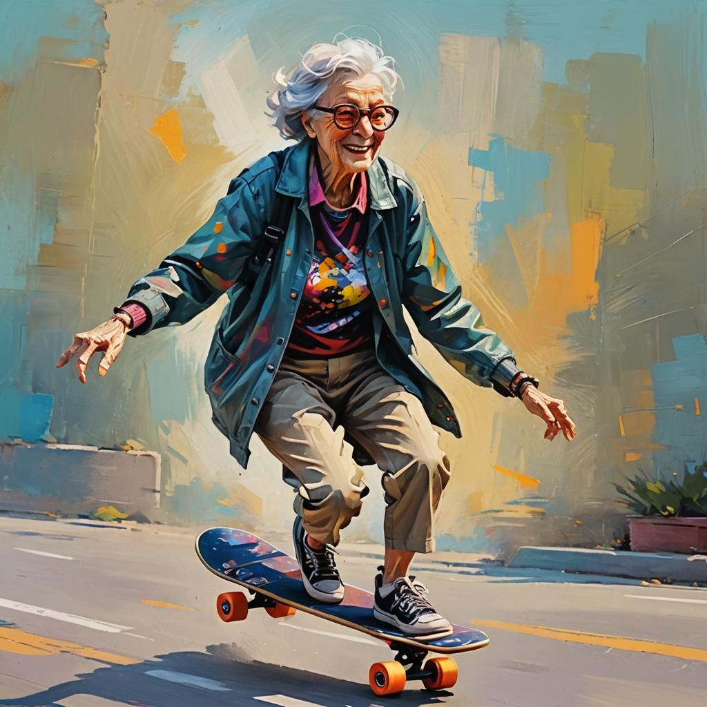Trendy Old Lady on Skateboard: Impressionist Oil Painting