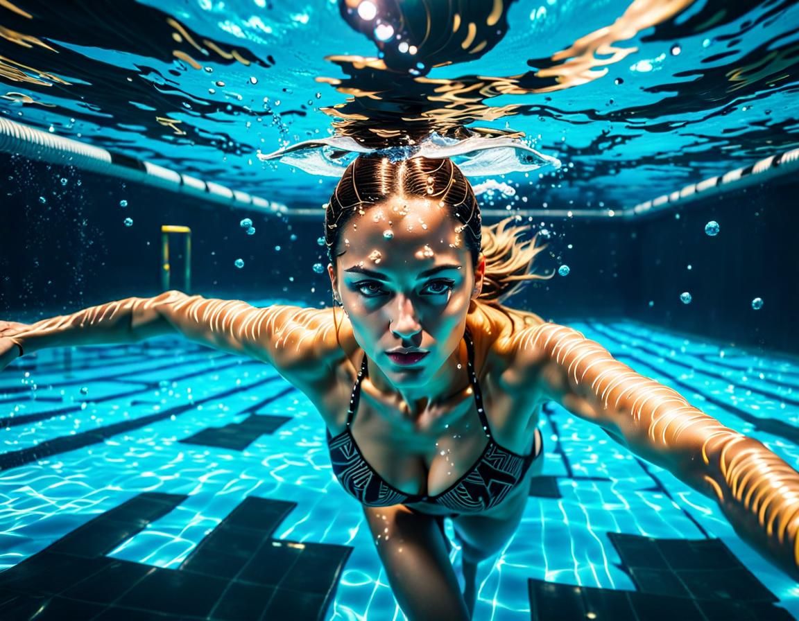 Girl Swimming in a Bitcoin Pool: Hyperrealistic Image