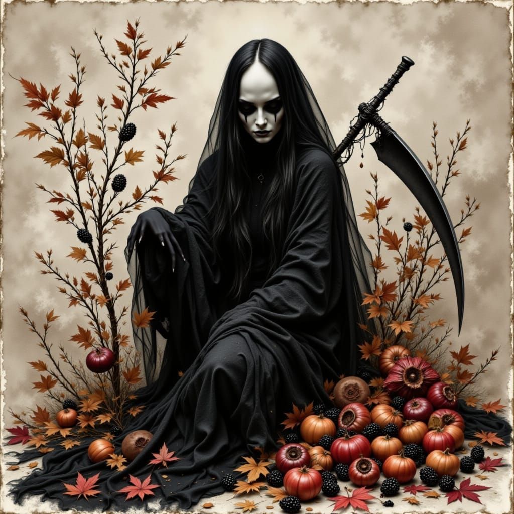 Lady of Death in Autumn Harvest, Charcoal Illustration