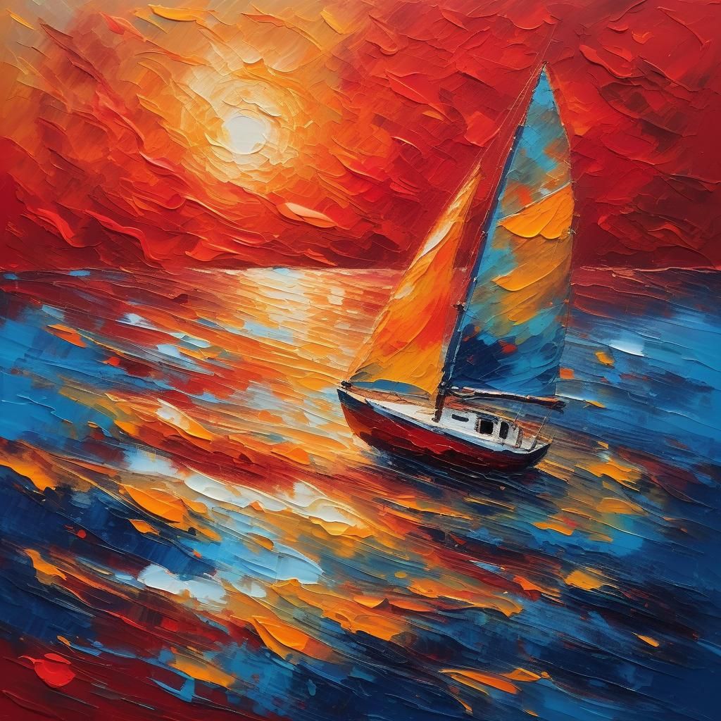 Scarlet Sunset: Impressionist Oil Painting of Sailboat