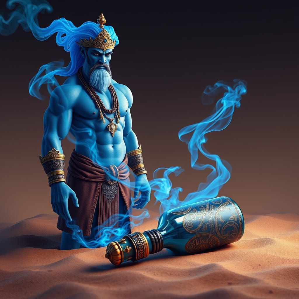 Regal Arabian Genie with Majestic Clouds and Ancient Bottle