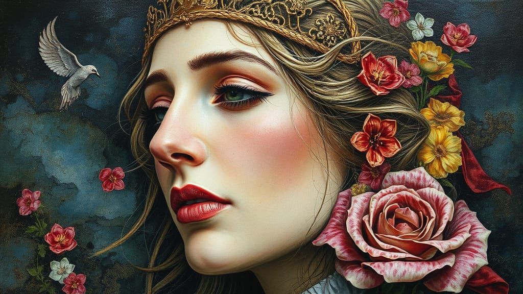 Majestic Queen Jane in a Whimsical Surrealist Landscape