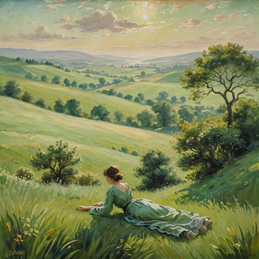 Serene Figure in Lush Green Pastures: An Impressionist Oil P...