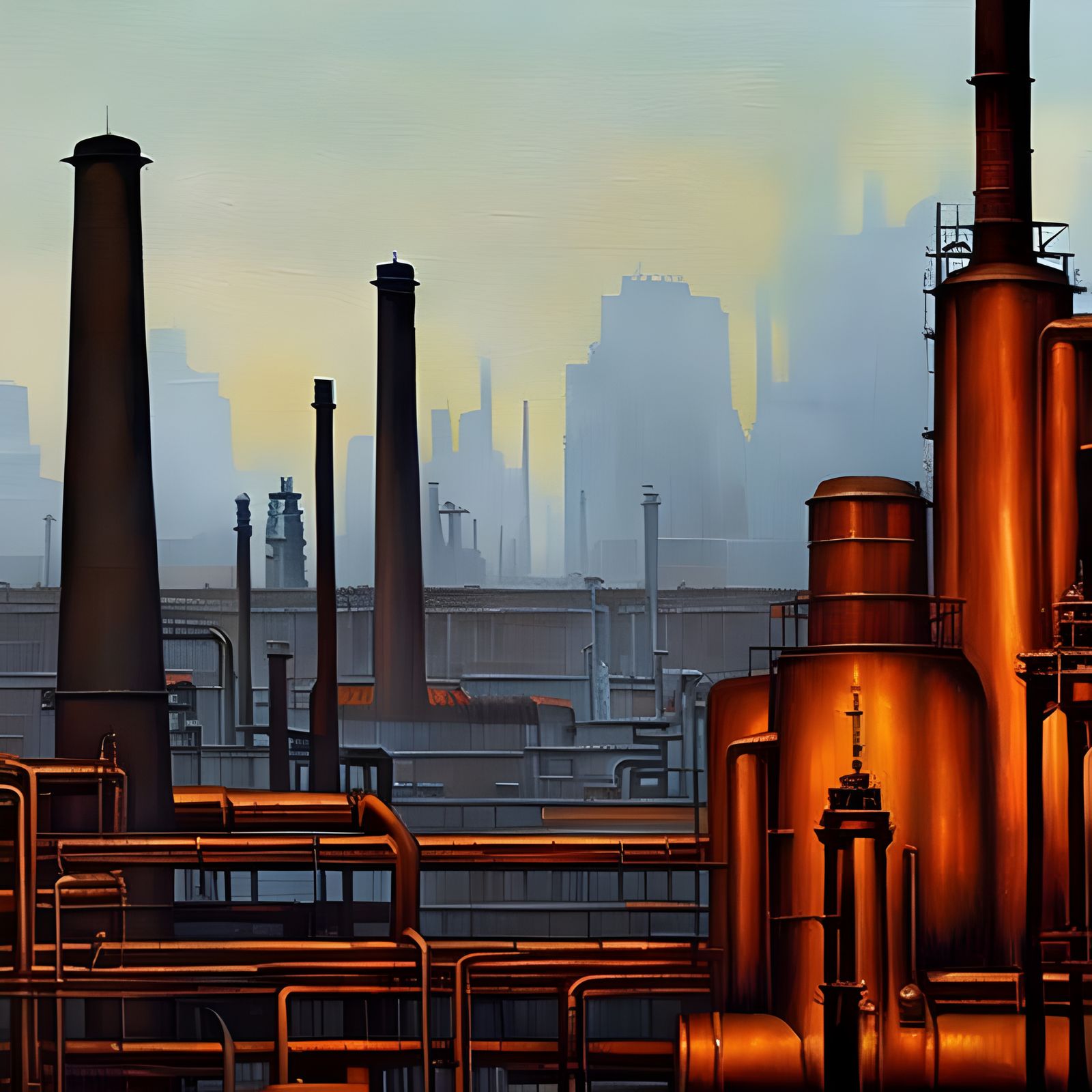 Industrial City Chimneys Painting
