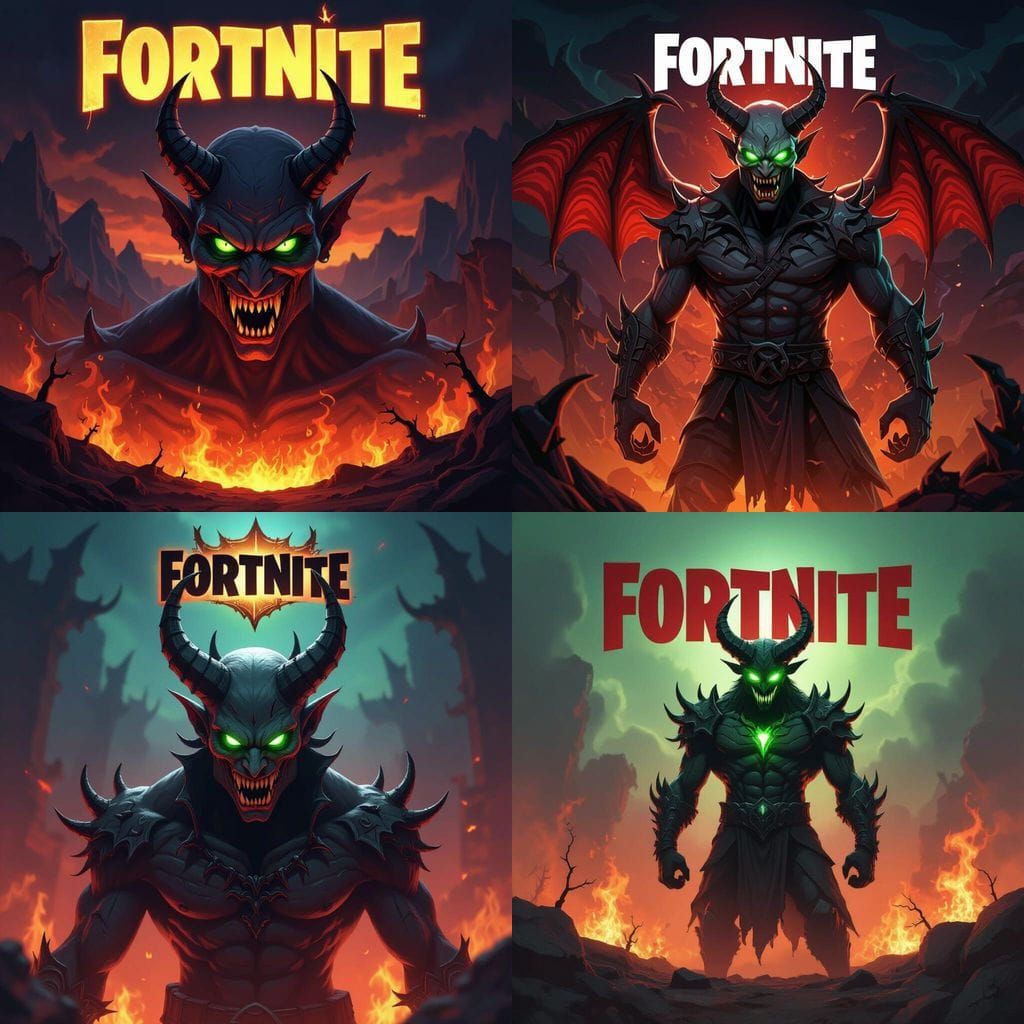 Hellish Demon with Glowing Green Eyes and Fortnite Logo