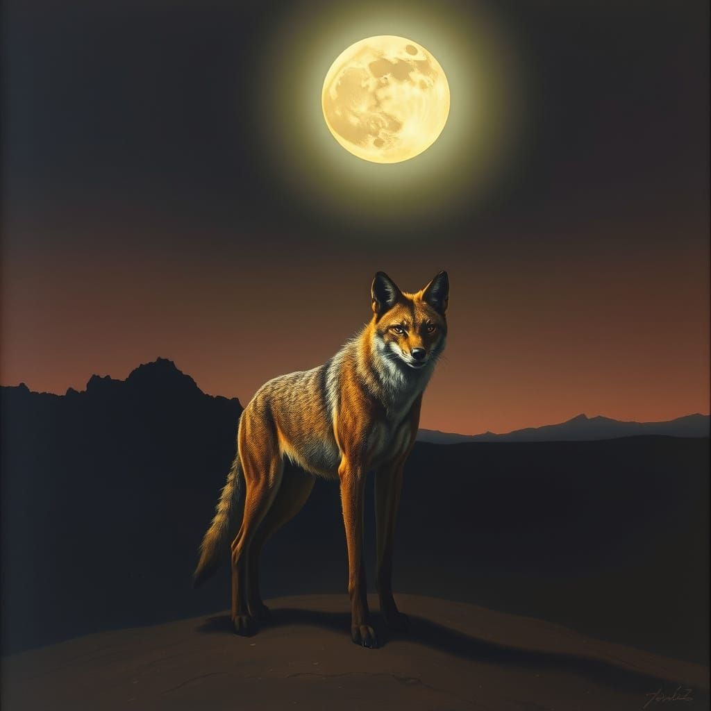 Moonlit Jackal in Surreal Desert Landscape