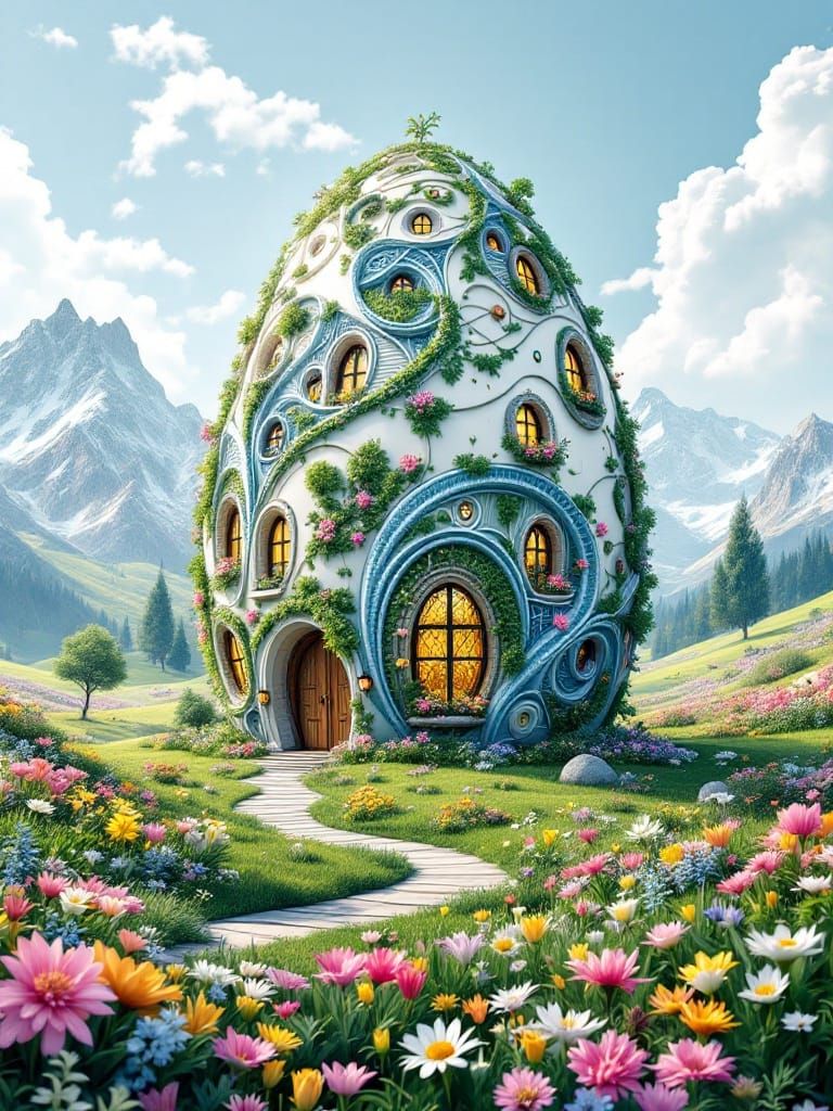 Vibrant Easter Egg House Amidst Spring Blooms in a Valley