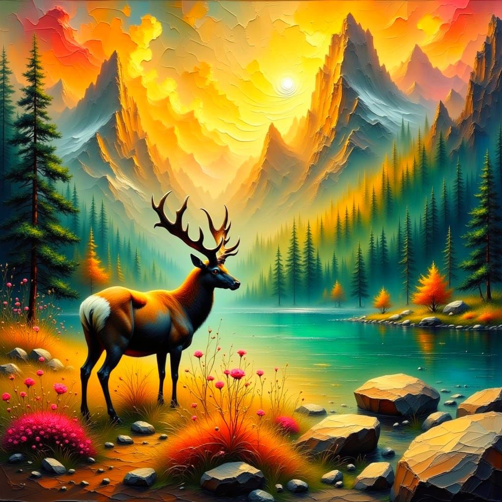 Mystical Mountainscape with Pronghorn Deer in Warm Colors
