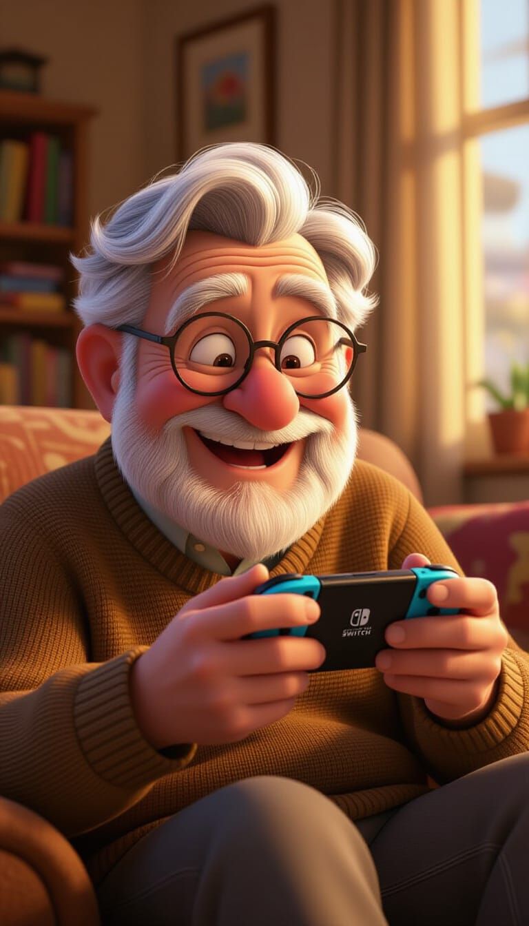 A heartwarming scene of a silver-haired grandfather with laugh lines and round glasses, gleefully playing Nintendo Switc...