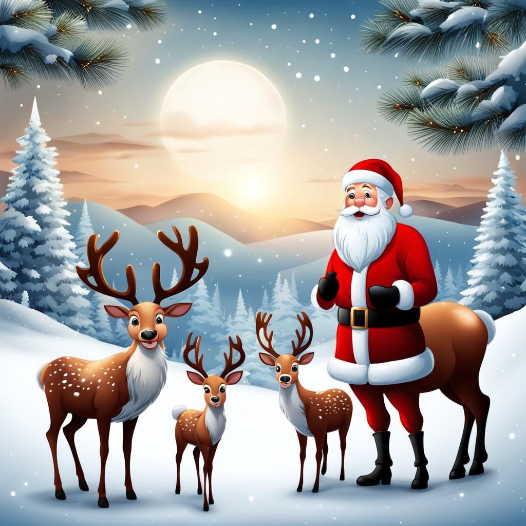 Realistic Christmas Scene with Santa and Reindeer