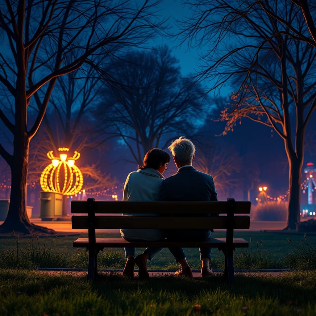 Couple Disputing in a Fantastical Nighttime Park Scene, Pixa...