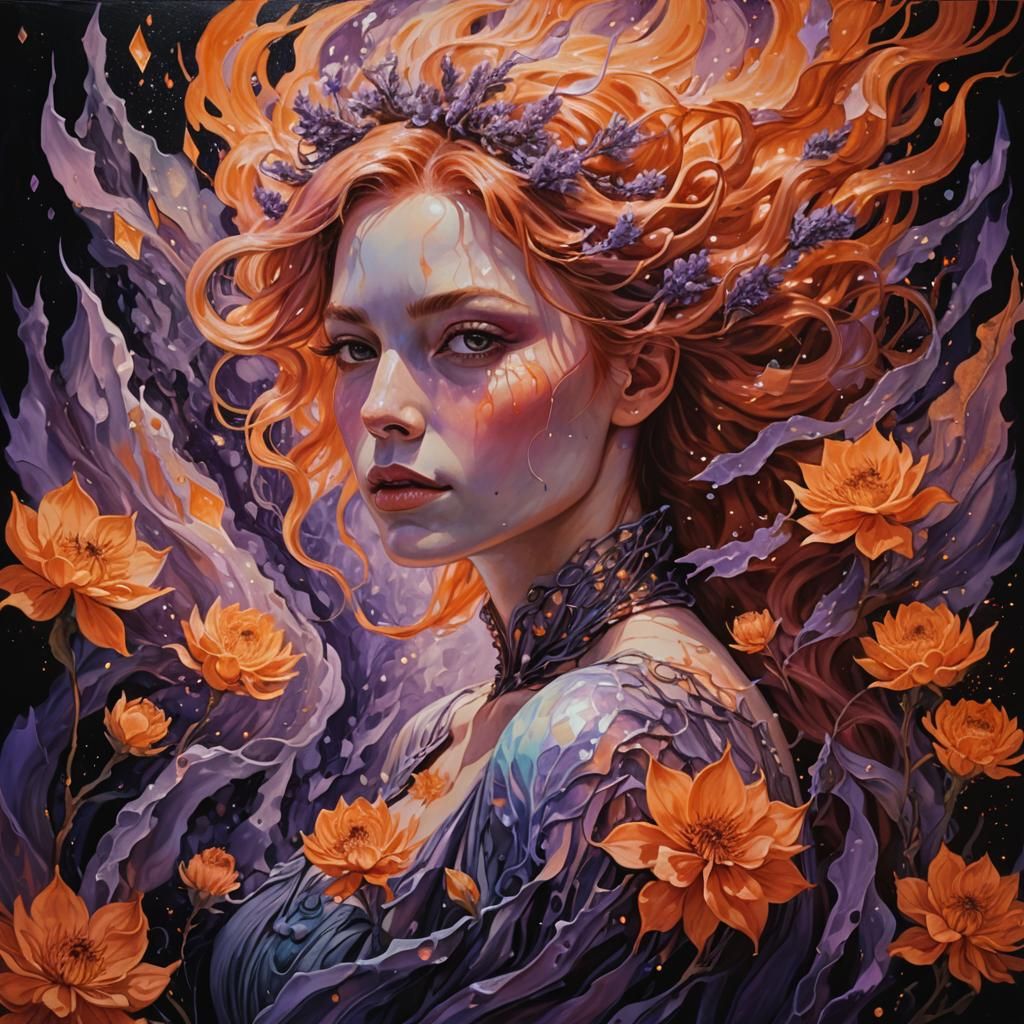 Surrealist Portrait with Lavender Hair, Bioluminescent Detai...