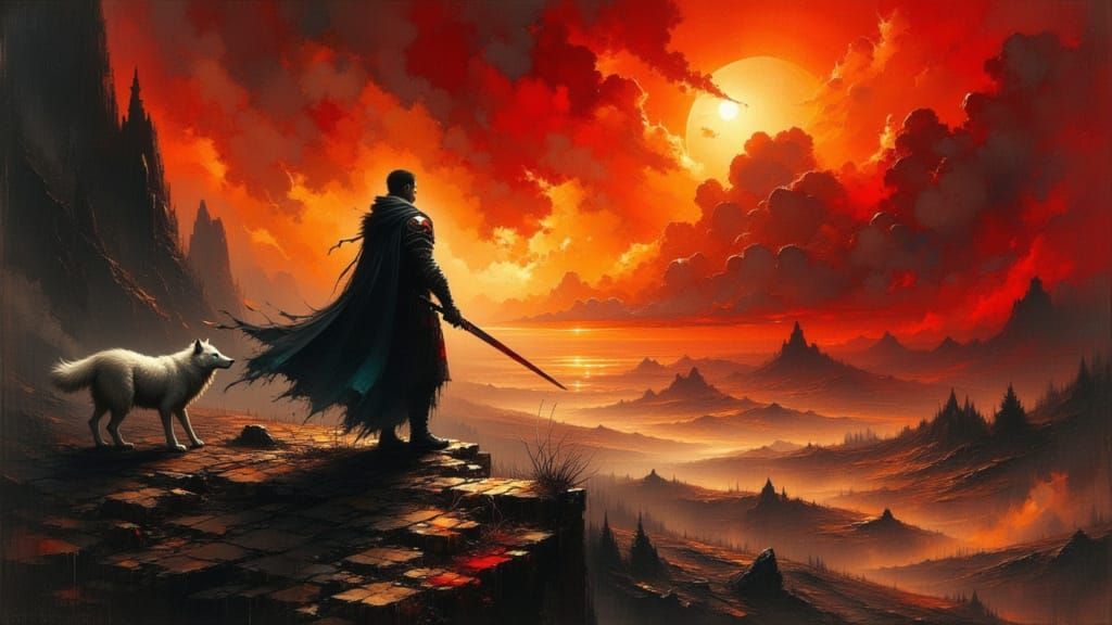 Dark Fantasy Warrior Directs Flaming Sword at Sky