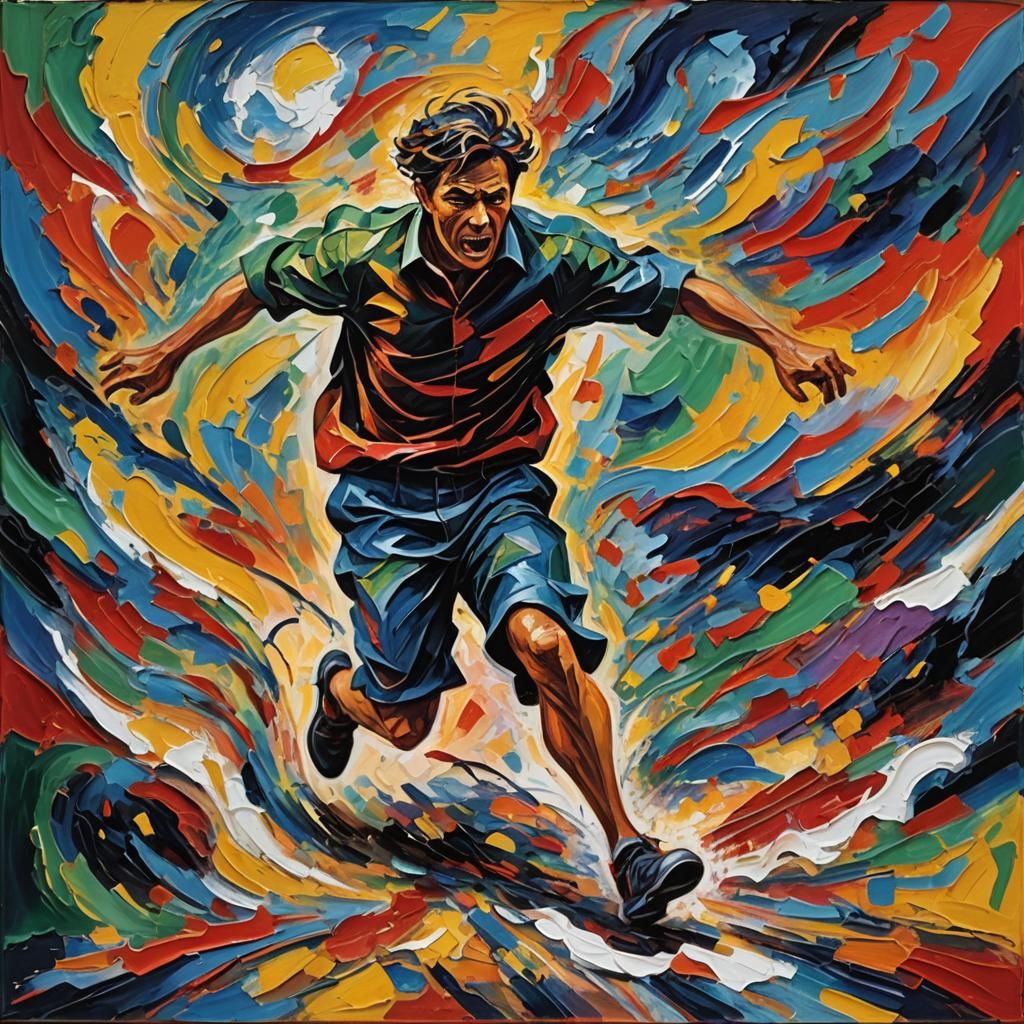 Neo-Expressionist Painting of Person Running From Dog