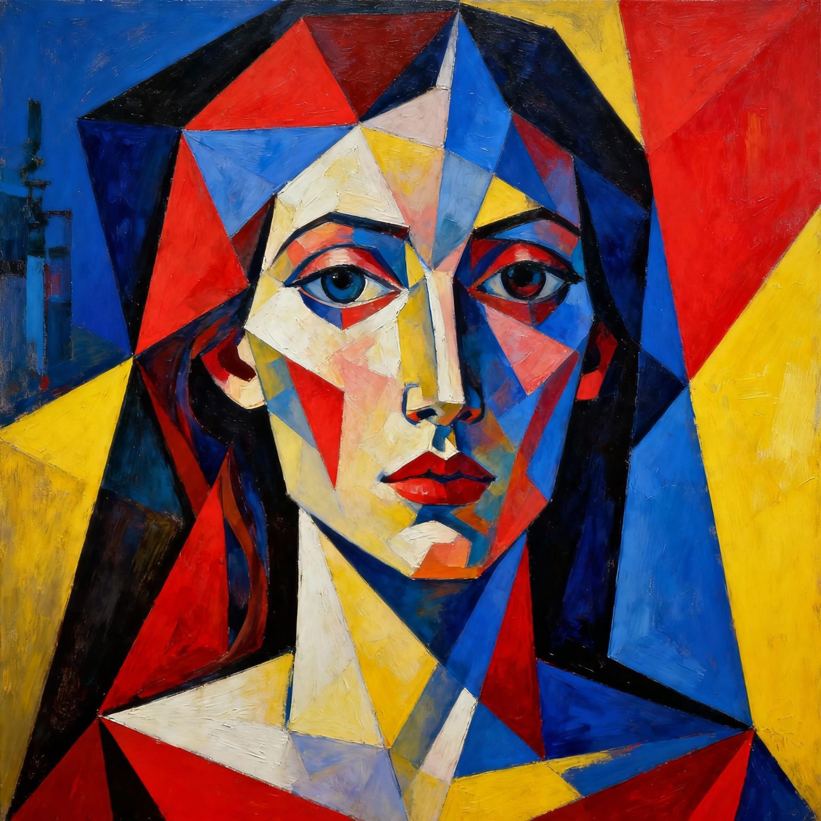 Cubist Woman Portrait with Large Eyes and Long Hair