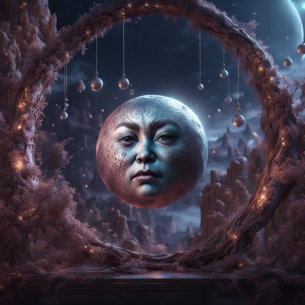 Fantastical Moon with Face in Detailed Matte Painting