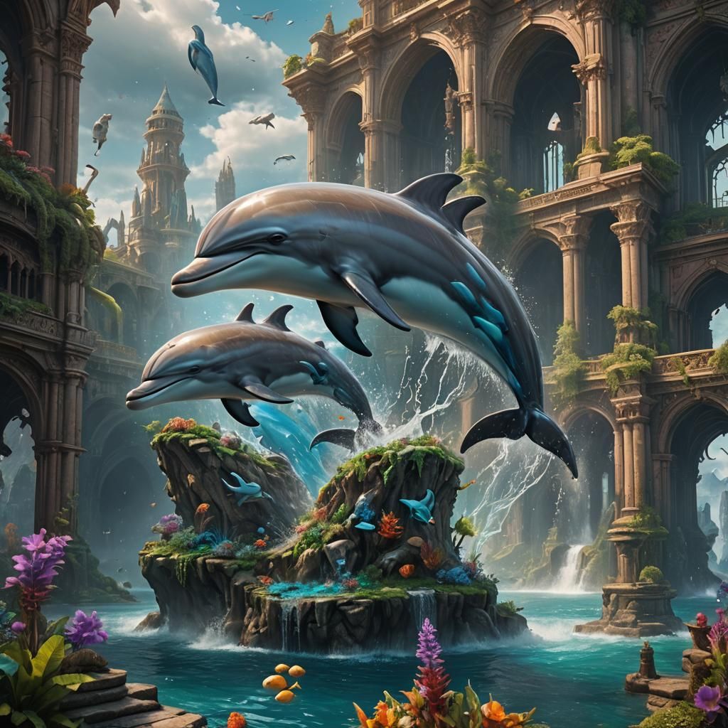 Fantastical Dolphin in Deep Color, Detailed Digital Painting