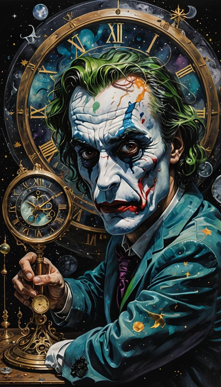 Joker Character Holding a Melting Cosmic Clock