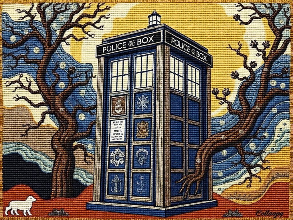 Woven Tapestry Surrealism, medieval, depicting the TARDIS from Dr Who.