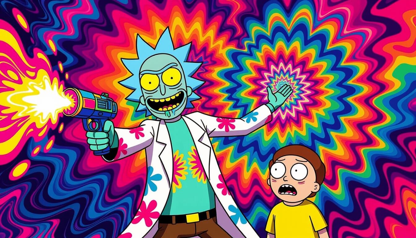 Rick and Morty in 1960s Psychedelic Tie-Dye Art Style