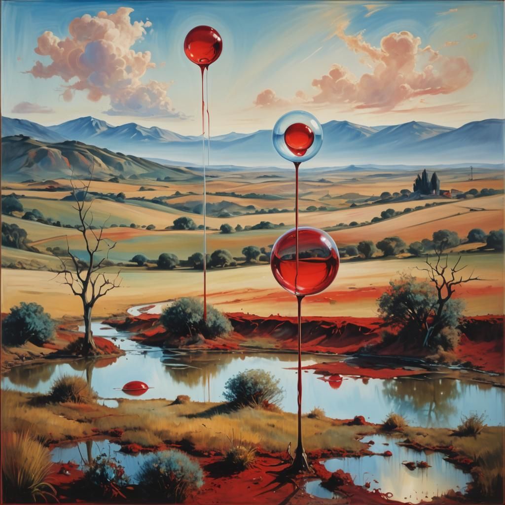 Surreal Red Bubbles in Rural Landscape