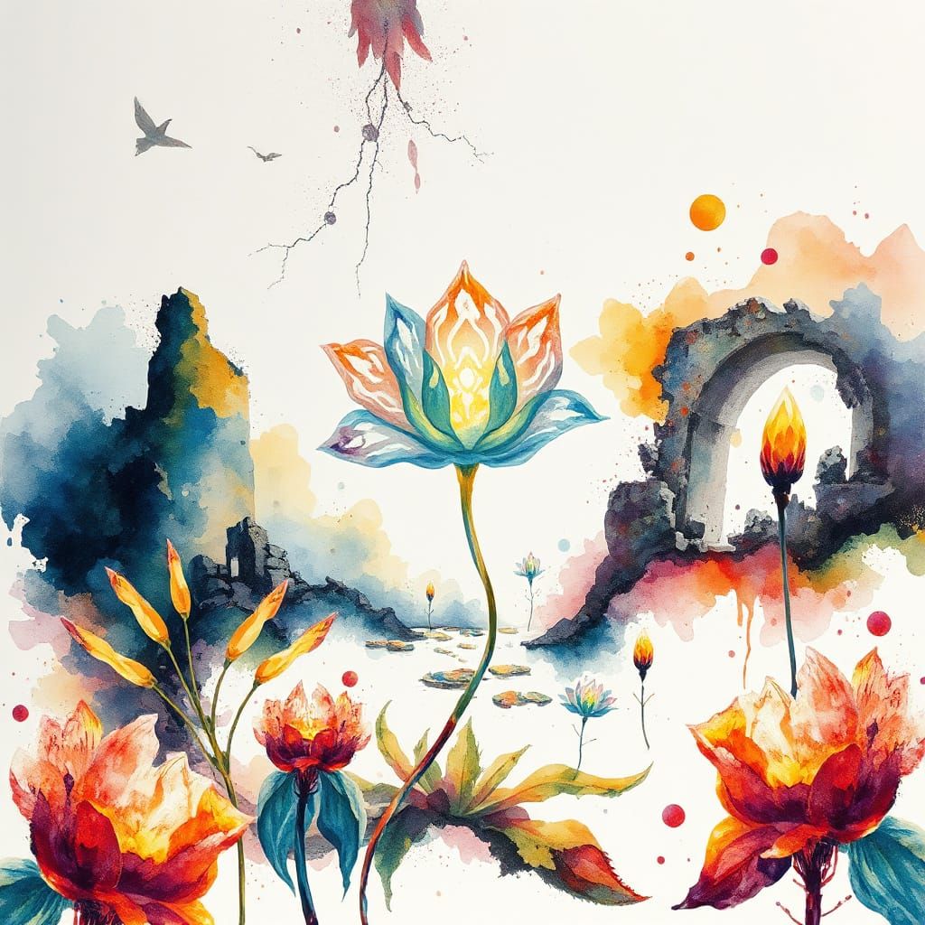 Surreal Landscape of Ancient Ruins and Ethereal Blooms