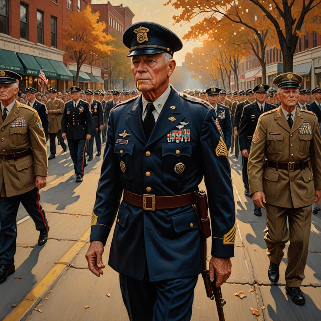 Veteran Marches in Autumn Parade Oil Painting