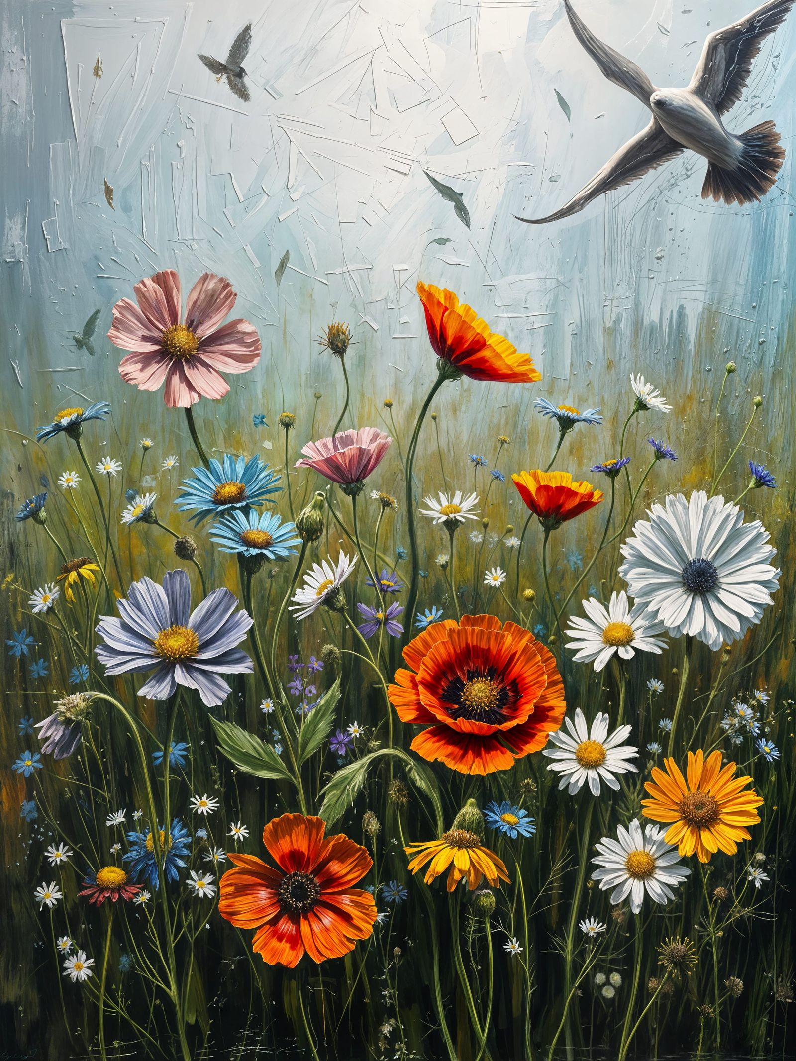 Wildflowers in Wind: An Impasto Oil Painting