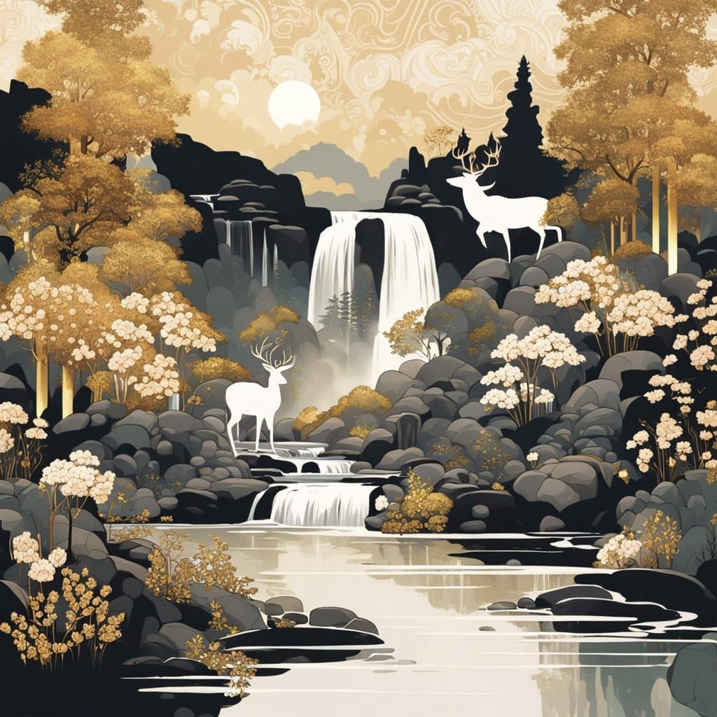 River, Waterfall, Deer, and Rocks in Art Nouveau Style