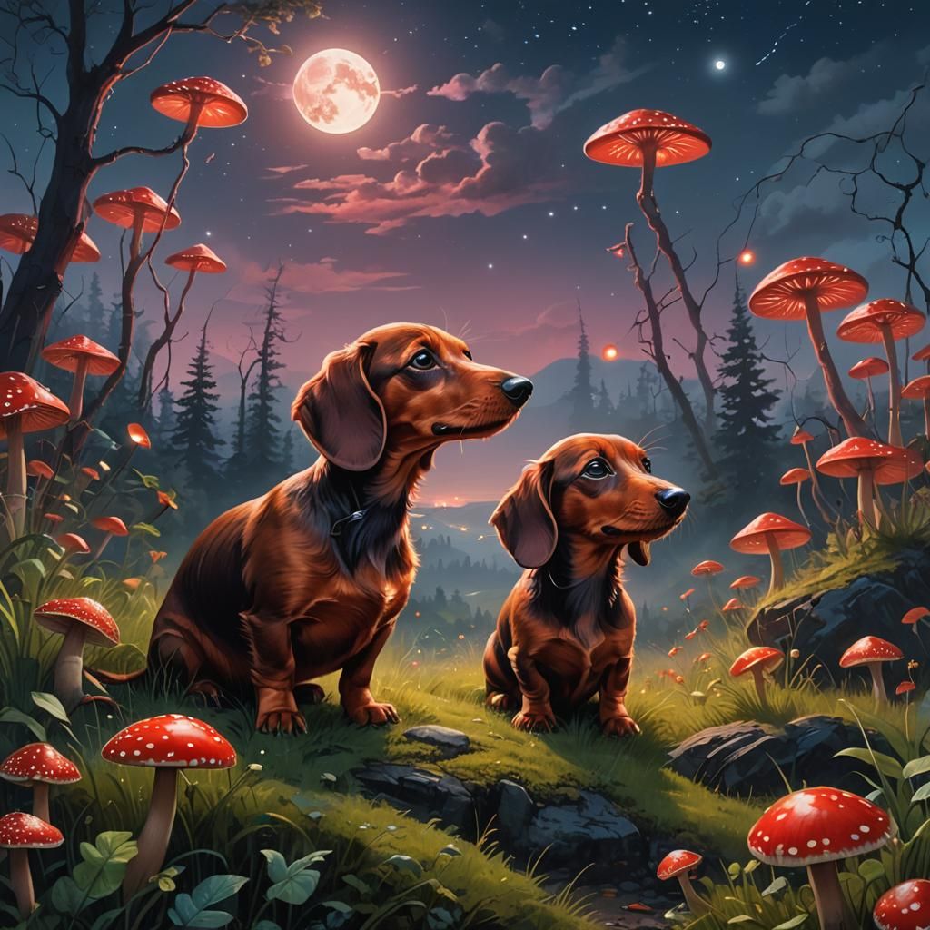 Whimsical Dachshund Puppy in Surreal Landscape